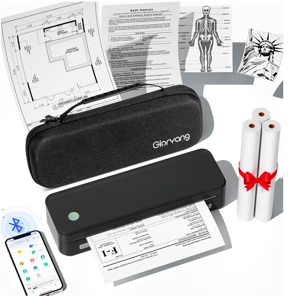 Gloryang PD-A4 Portable Wireless A4 Thermal Printer Inkless Black with Case